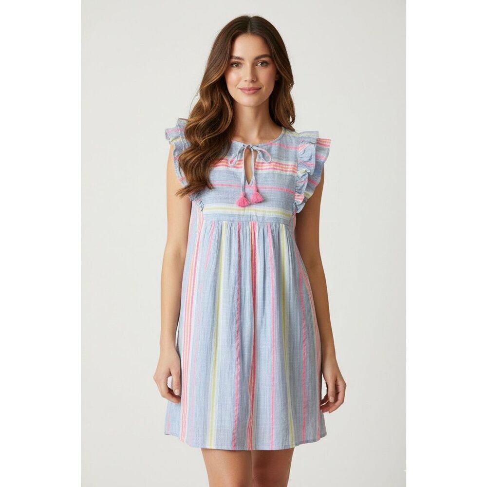 Vineyard Vines Mini Dress Tunic St Barths Flutter Sleeve Stripe White‎ Blue Pink